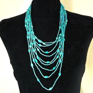 VTG Turquoise Multi-Strand Beaded Cascade Necklace with Silvertone Accents